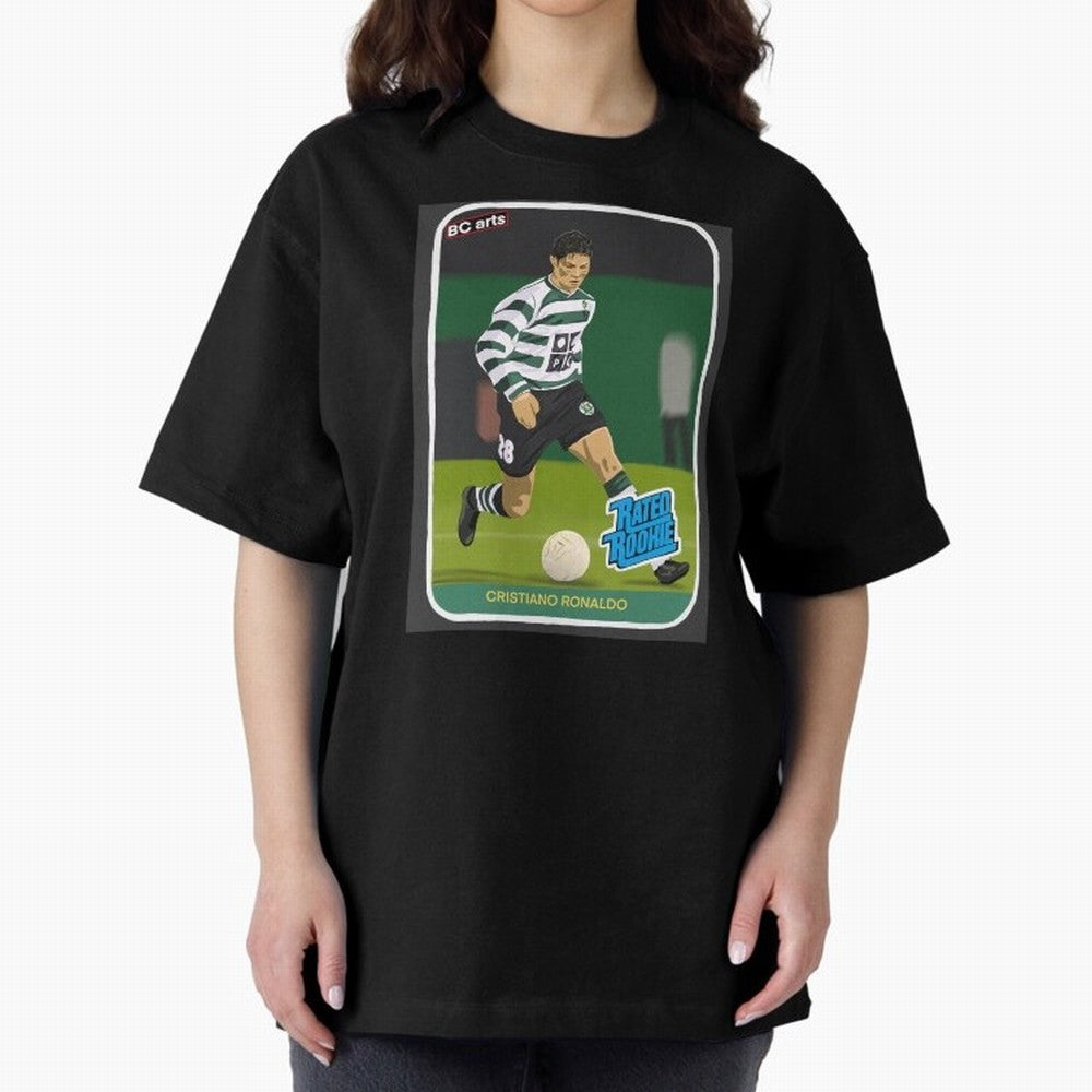 Sporting Lisbon Cristiano Ronaldo Rookie Card Artwork Oversized T-Shirt Join the Countdown to FIFA World Cup 2026 USA Canada Mexico for Fans of Neymar, Haaland and Cristiano Ronaldo and Argentina, France and Brazil, Bringing Retro Football Energy,