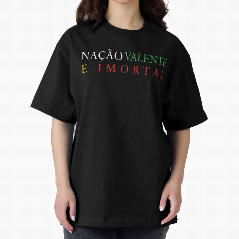 Na??o Valente e Imortal Portugal Oversized T-Shirt Remember Iconic Moments from Global Football Passion for FIFA World Cup 2026 Group Stage, Centered on CR7 and Messi, France and Portugal, Sports Nostalgia, International Competition, Famous Players
