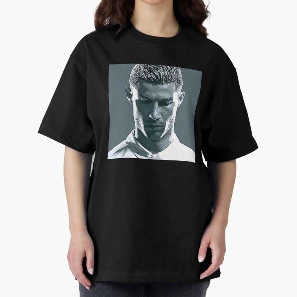 Ronaldo Portrait Oversized T-Shirt Celebrate Golden Goal Energy in FIFA World Cup 2026 Group Stage Centered on Messi, CR7 and Mbappe, France and Portugal Energy, Retro Football Energy, Iconic Rivalries, Trophy Chase Drama and Stadium Atmosphere;