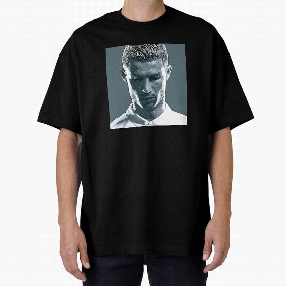 Ronaldo Portrait Oversized T-Shirt Celebrate Golden Goal Energy in FIFA World Cup 2026 Group Stage Centered on Messi, CR7 and Mbappe, France and Portugal Energy, Retro Football Energy, Iconic Rivalries, Trophy Chase Drama and Stadium Atmosphere;
