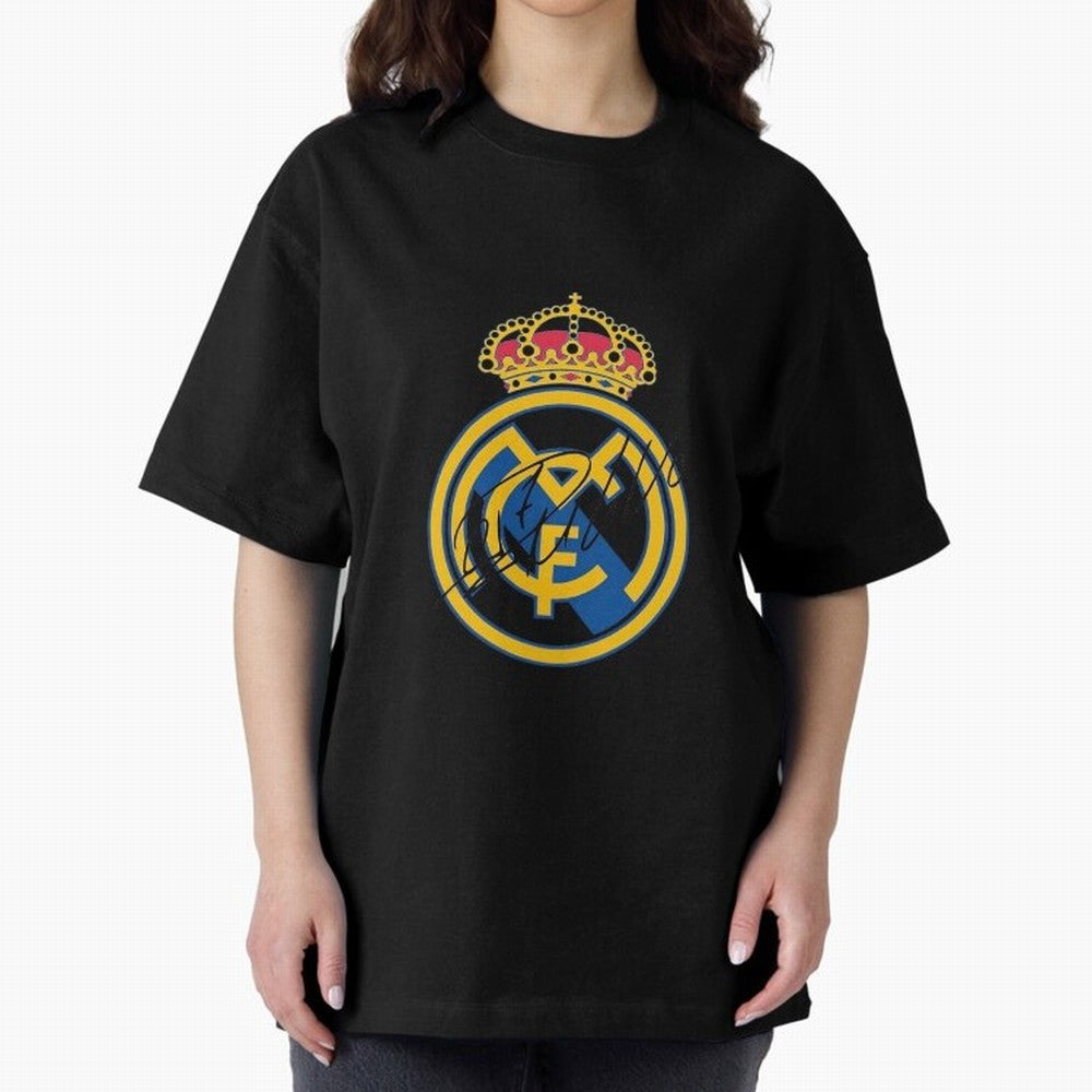 Real Madrid C.F. crest with Cristiano Ronaldo's autograph Oversized T-Shirt Back the Journey through FIFA World Cup 2026 Celebrating Cristiano Ronaldo, Argentina and Brazil Energy, Goal Celebration Energy, Supporter Heritage, Football Icons and