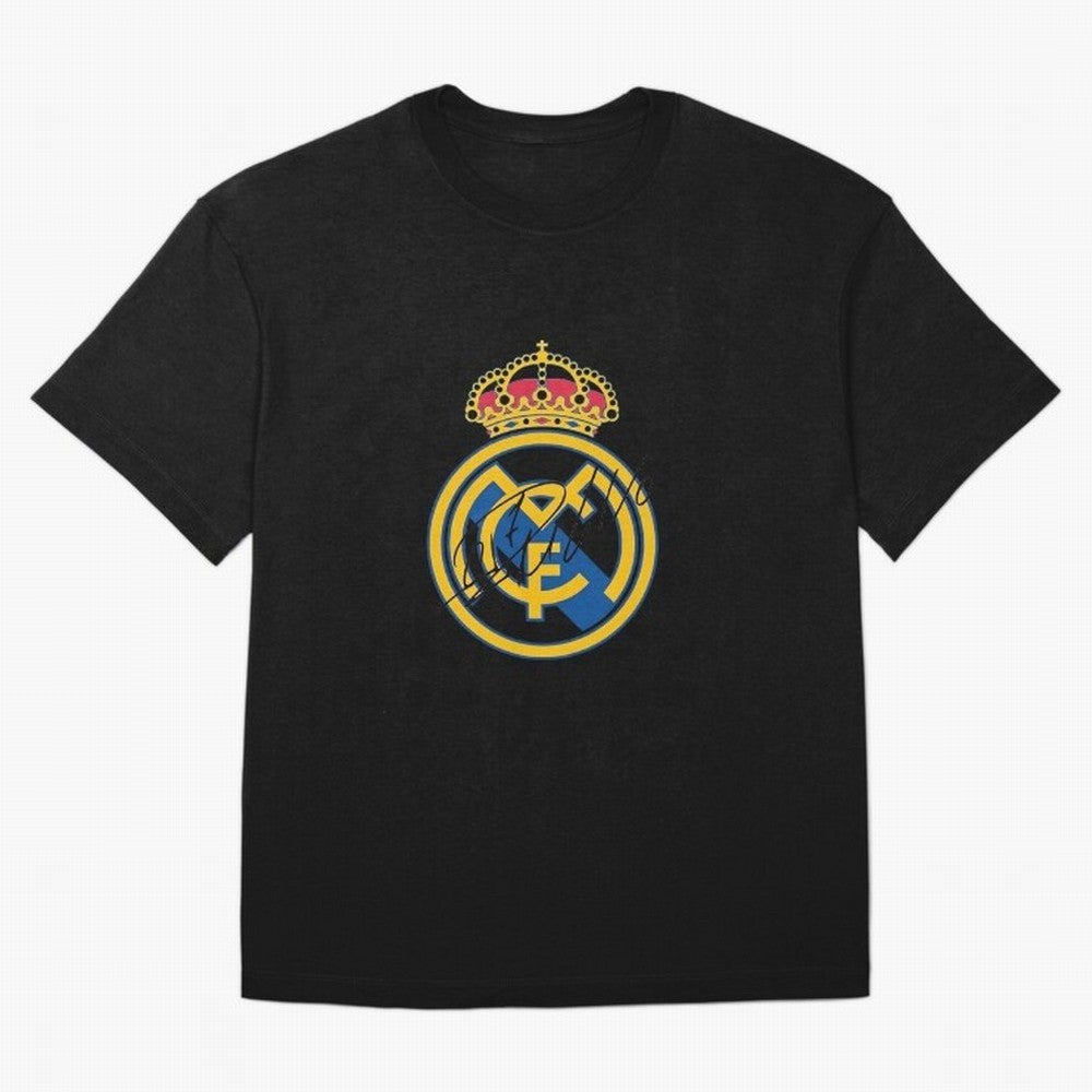 Real Madrid C.F. crest with Cristiano Ronaldo's autograph Oversized T-Shirt Back the Journey through FIFA World Cup 2026 Celebrating Cristiano Ronaldo, Argentina and Brazil Energy, Goal Celebration Energy, Supporter Heritage, Football Icons and