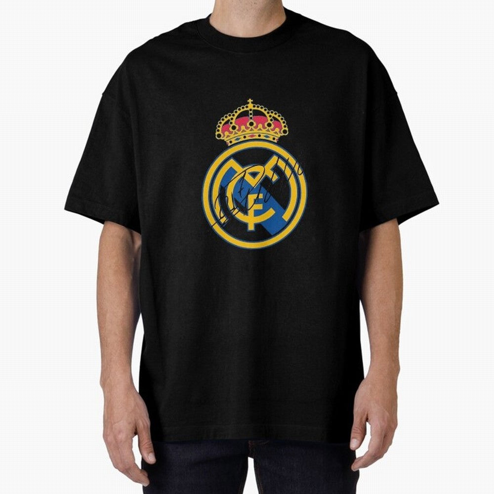 Real Madrid C.F. crest with Cristiano Ronaldo's autograph Oversized T-Shirt Back the Journey through FIFA World Cup 2026 Celebrating Cristiano Ronaldo, Argentina and Brazil Energy, Goal Celebration Energy, Supporter Heritage, Football Icons and