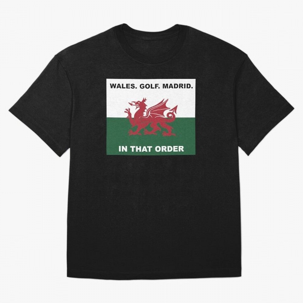 Wales Golf Madrid In That Order Oversized T-Shirt Remember Match Day Hype around FIFA World Cup 2026 Group Stage, Mbappe, Brazil, Vintage Soccer Flavor, Modern Football Stars, National Flags and Final Night Emotion; Ideal for Football Dads,