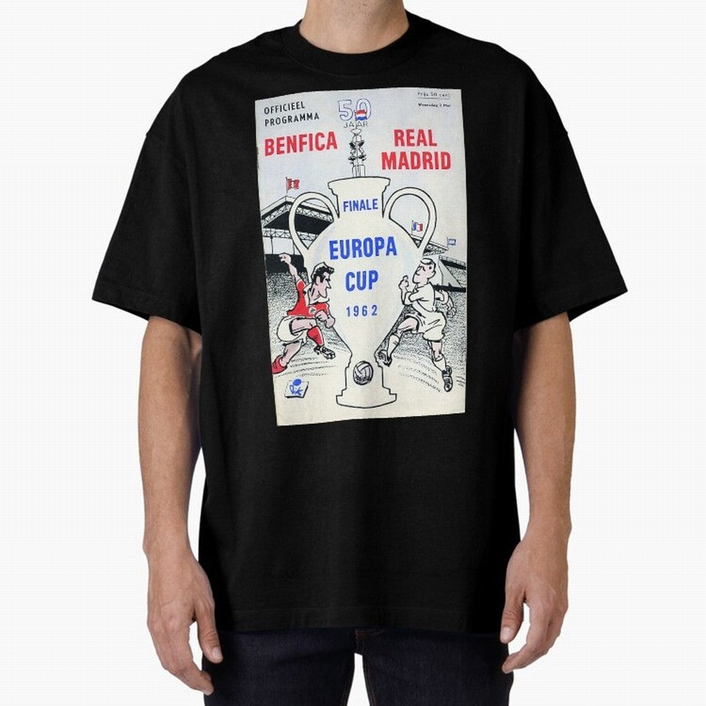 Vintage Champions League Final Poster - Real Madrid vs Benfica Oversized T-Shirt Make Game Day About FIFA World Cup 2026 Group Stage for Fans of Neymar, Haaland and Cristiano Ronaldo and Germany, Bringing Global Supporter Spirit, Legendary Goals,