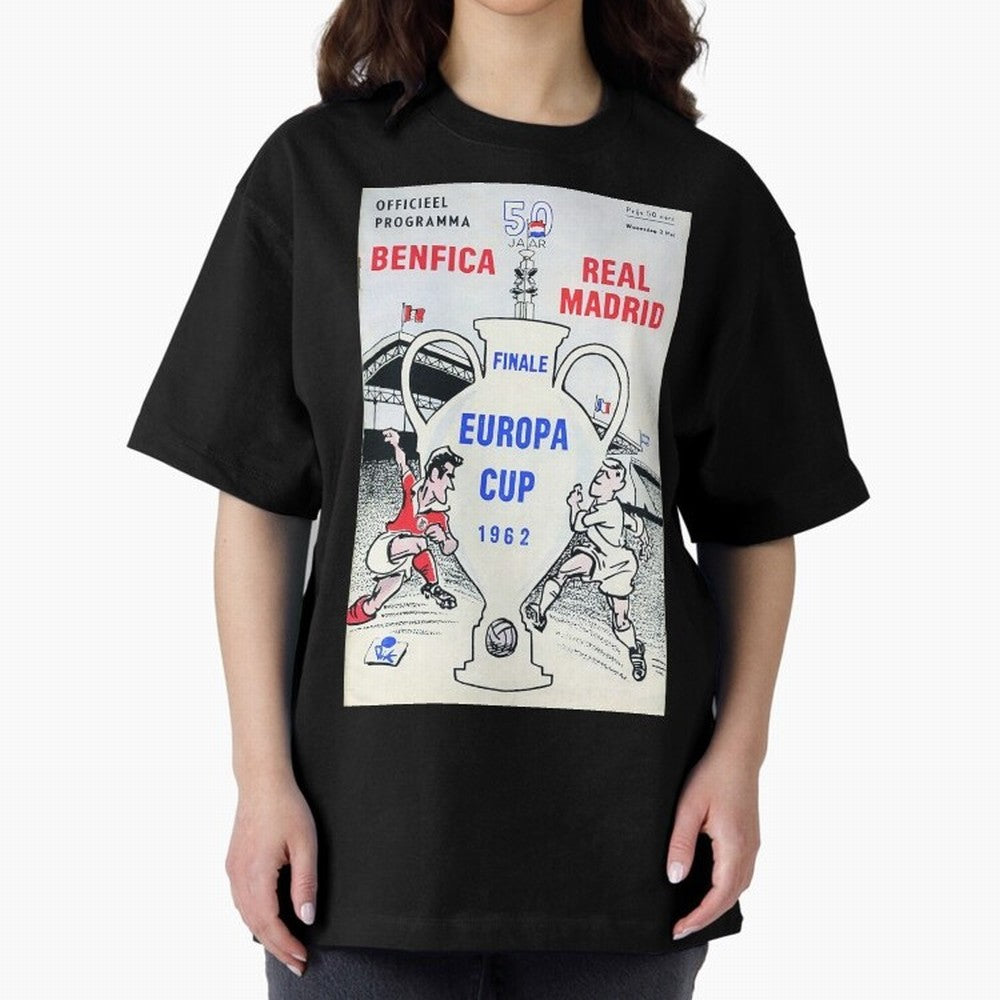 Vintage Champions League Final Poster - Real Madrid vs Benfica Oversized T-Shirt Make Game Day About FIFA World Cup 2026 Group Stage for Fans of Neymar, Haaland and Cristiano Ronaldo and Germany, Bringing Global Supporter Spirit, Legendary Goals,