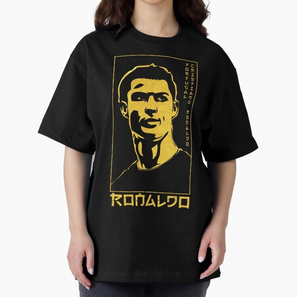 Ronaldo Golden Style Portrait art illustration Oversized T-Shirt Bring Trophy Dreams to Match Day Hype around FIFA World Cup 2026, Messi and Cristiano Ronaldo, France and Portugal, Vintage Soccer Flavor, Modern Football Stars, National Flags and