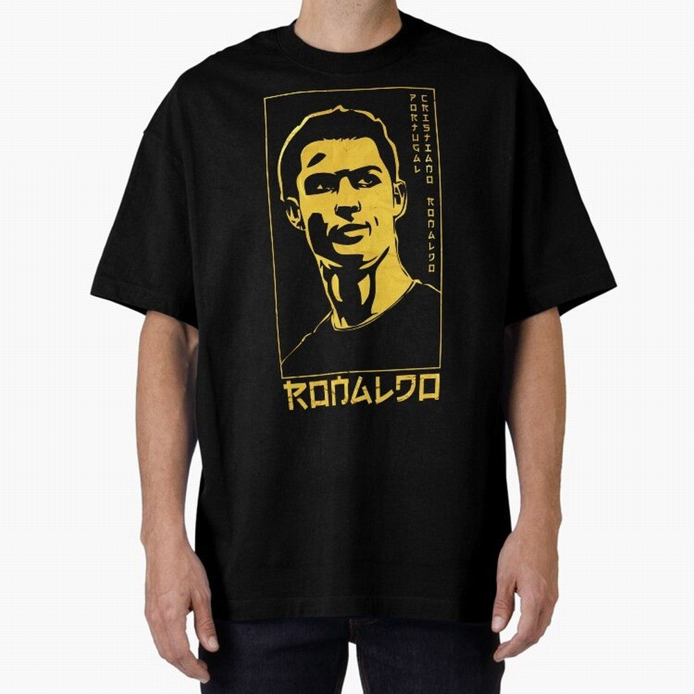 Ronaldo Golden Style Portrait art illustration Oversized T-Shirt Bring Trophy Dreams to Match Day Hype around FIFA World Cup 2026, Messi and Cristiano Ronaldo, France and Portugal, Vintage Soccer Flavor, Modern Football Stars, National Flags and