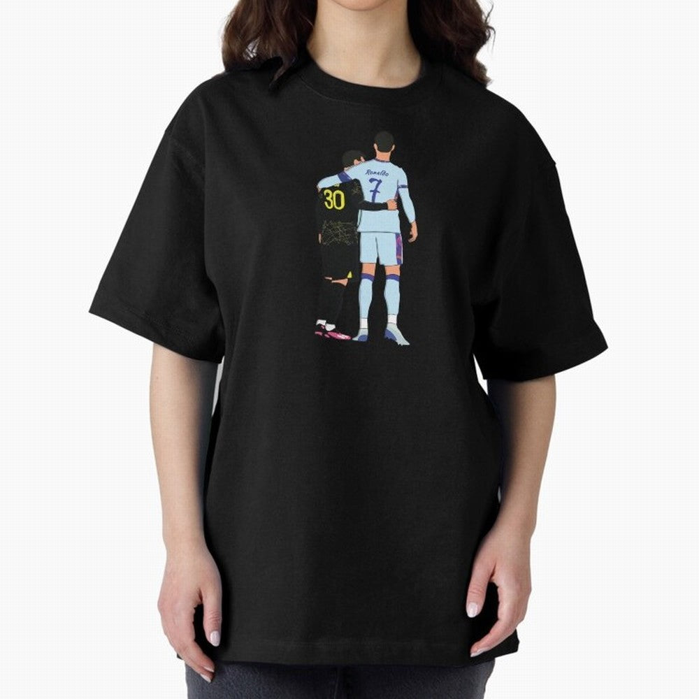 Messi and Ronaldo Reunion Illustration Oversized T-Shirt Celebrate Classic Football Spirit in the FIFA World Cup 2026 USA Canada Mexico Journey through Neymar Highlights, Argentina, France and Brazil Pride, Stadium Chants, National Pride, Trophy