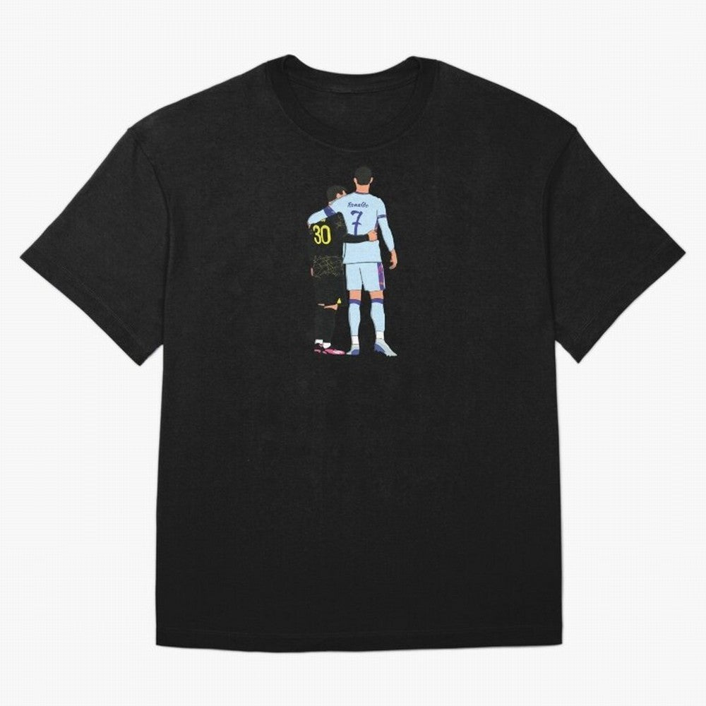 Messi and Ronaldo Reunion Illustration Oversized T-Shirt Celebrate Classic Football Spirit in the FIFA World Cup 2026 USA Canada Mexico Journey through Neymar Highlights, Argentina, France and Brazil Pride, Stadium Chants, National Pride, Trophy