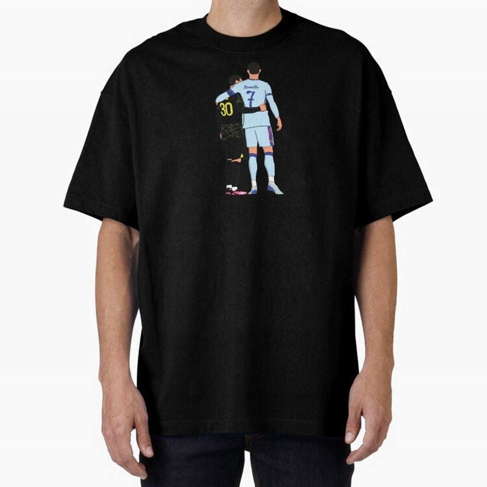 Messi and Ronaldo Reunion Illustration Oversized T-Shirt Celebrate Classic Football Spirit in the FIFA World Cup 2026 USA Canada Mexico Journey through Neymar Highlights, Argentina, France and Brazil Pride, Stadium Chants, National Pride, Trophy