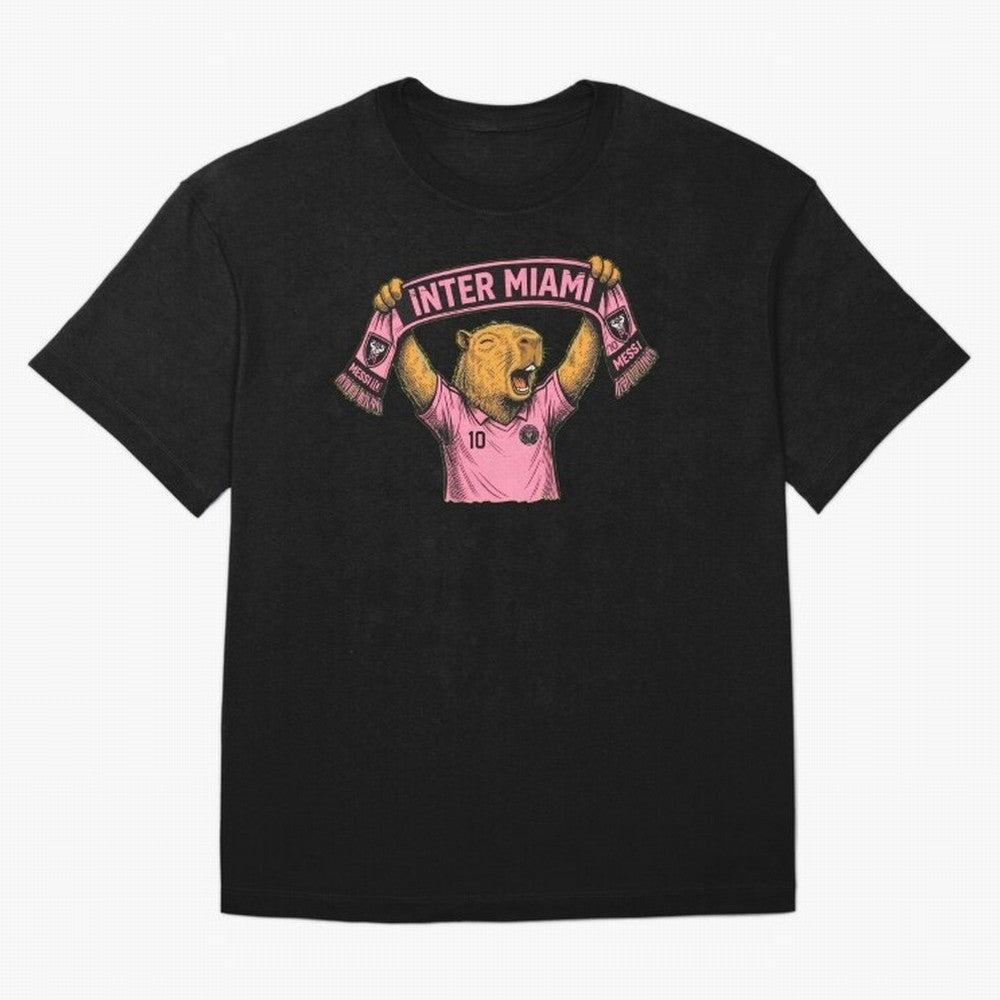 Capybara Inter Miami Fan Celebrating ¨C Funny Soccer Illustration with Scarf Oversized T-Shirt Bring Retro Soccer Energy to FIFA World Cup 2026 Group Stage Spirit, Capturing Spain and Netherlands, CR7 and Messi, Fan Favorite Moments, National Team