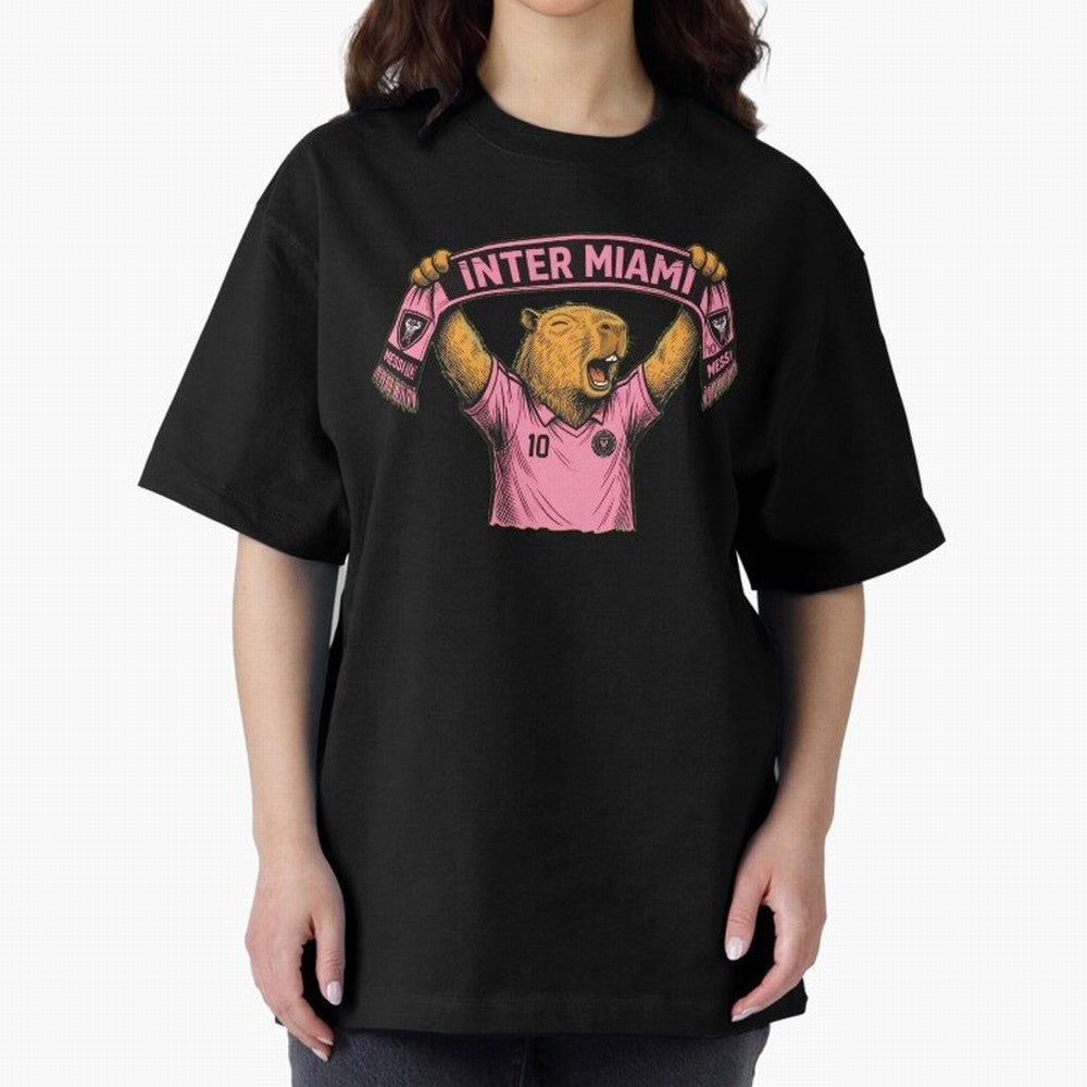 Capybara Inter Miami Fan Celebrating ¨C Funny Soccer Illustration with Scarf Oversized T-Shirt Bring Retro Soccer Energy to FIFA World Cup 2026 Group Stage Spirit, Capturing Spain and Netherlands, CR7 and Messi, Fan Favorite Moments, National Team