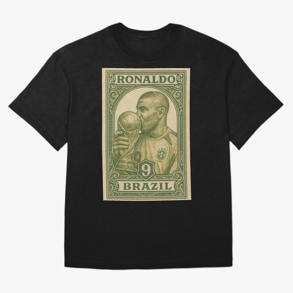 Vintage Brazilian Ronaldo Fenomeno R9 Football Legend Stamp Illustration ¨C Retro Soccer World Cup Art Print Oversized T-Shirt Celebrate FIFA World Cup 2026 USA Canada Mexico Capturing CR7 and Messi, France and Portugal Energy, Stadium Chants,
