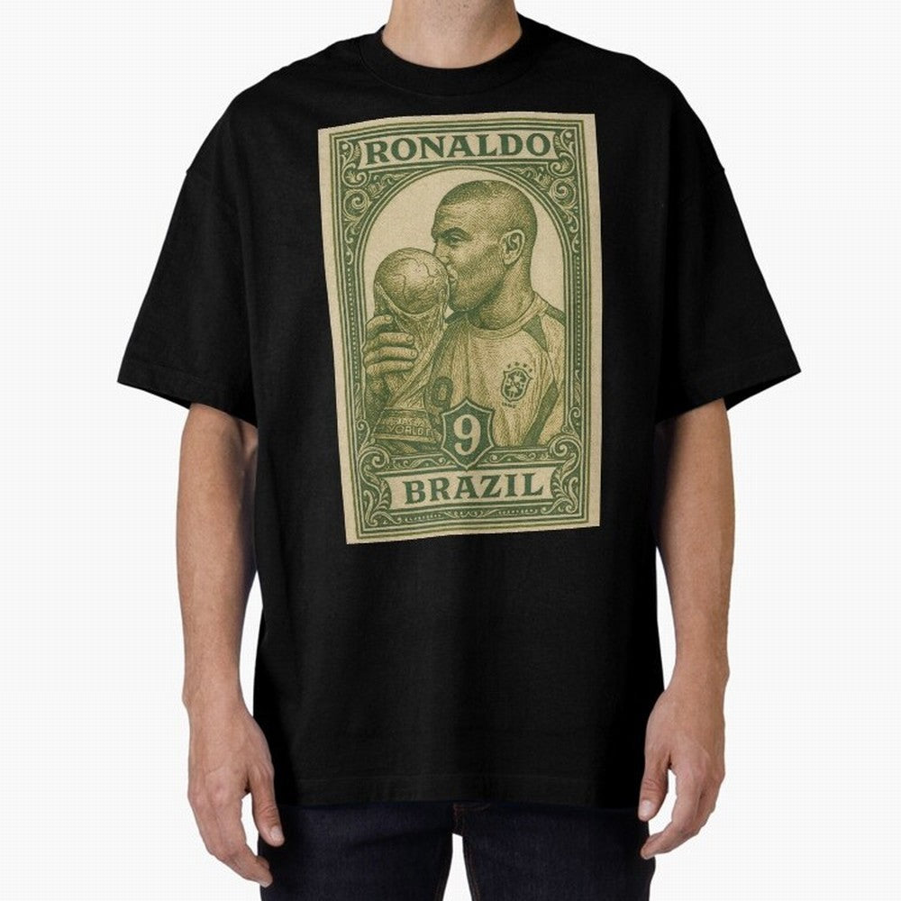 Vintage Brazilian Ronaldo Fenomeno R9 Football Legend Stamp Illustration ¨C Retro Soccer World Cup Art Print Oversized T-Shirt Celebrate FIFA World Cup 2026 USA Canada Mexico Capturing CR7 and Messi, France and Portugal Energy, Stadium Chants,