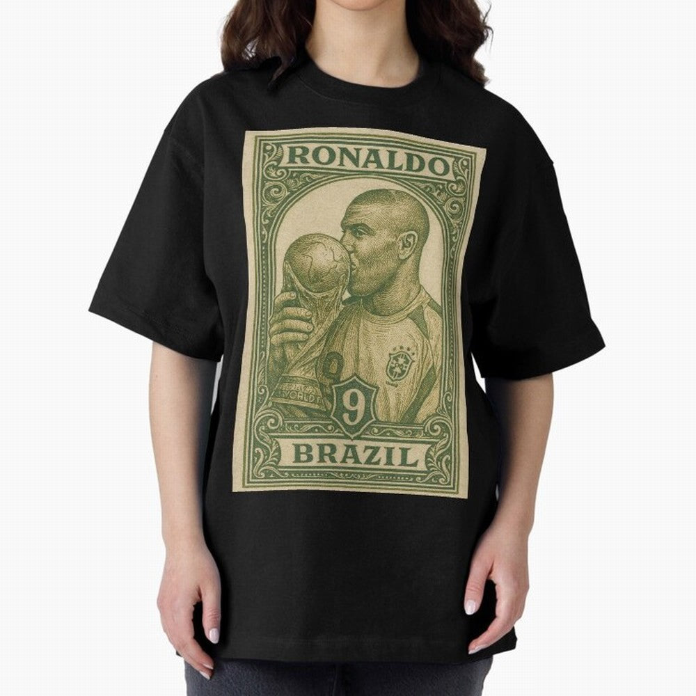 Vintage Brazilian Ronaldo Fenomeno R9 Football Legend Stamp Illustration ¨C Retro Soccer World Cup Art Print Oversized T-Shirt Celebrate FIFA World Cup 2026 USA Canada Mexico Capturing CR7 and Messi, France and Portugal Energy, Stadium Chants,