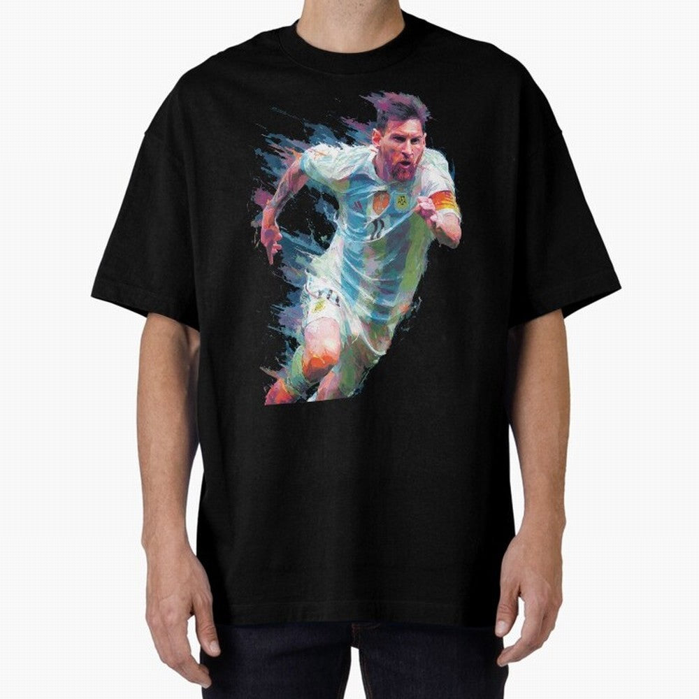 Messi in action Graphic Paint poster design Oversized T-Shirt Celebrate FIFA World Cup 2026 Group Stage for Fans of Mbappe and Neymar and Brazil, Bringing Soccer Culture, Superstar Moments, National Team Dreams and Competitive Fire; Great for
