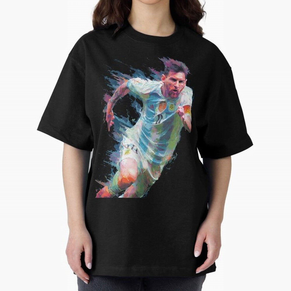 Messi in action Graphic Paint poster design Oversized T-Shirt Celebrate FIFA World Cup 2026 Group Stage for Fans of Mbappe and Neymar and Brazil, Bringing Soccer Culture, Superstar Moments, National Team Dreams and Competitive Fire; Great for