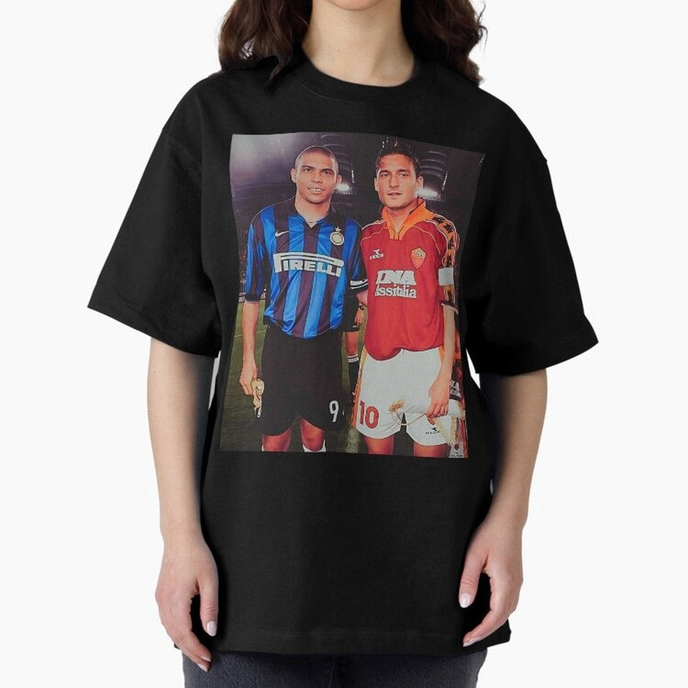 Clash of Class. Francesco Totti and Ronaldo Nazario sometime in the 90s. Oversized T-Shirt Fuel FIFA World Cup 2026 for Fans of Mbappe and England, Bringing Worldwide Fan Energy, Dramatic Goals, Stadium Lights and Championship Celebrations; Ideal