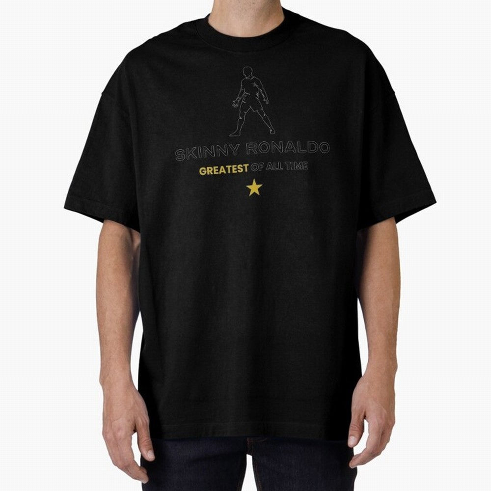 Skinny Ronaldo The Greatest Of All Time Black Oversized T-Shirt Back the Journey through Global Football Passion for FIFA World Cup 2026 Group Stage, with Neymar, Haaland and Cristiano Ronaldo, France, Football Festival Excitement, Trophy