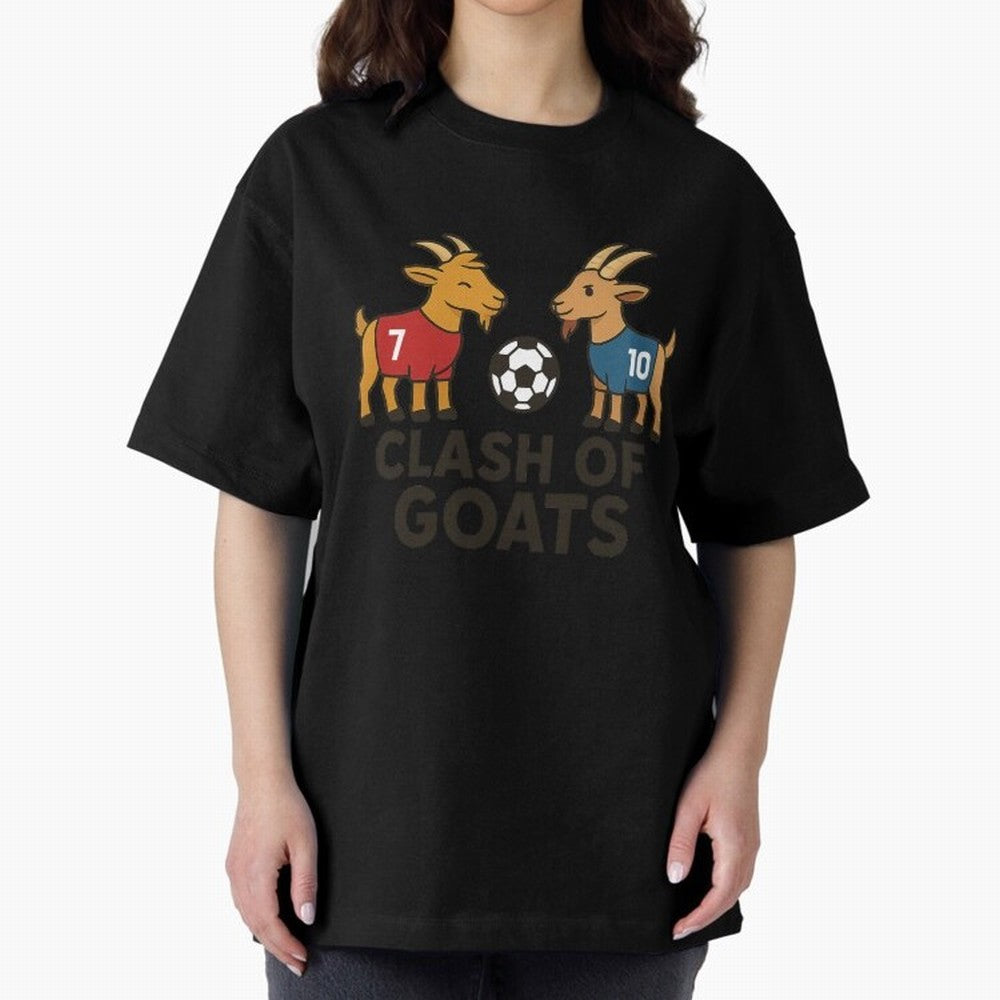 Clash of GOATs ¨C Funny Ronaldo vs Messi Inspired Football T-Shirt Design Oversized T-Shirt Celebrate Football Heritage in the FIFA World Cup 2026 Journey through Mbappe and Neymar Highlights, Argentina Pride, Goal Celebration Energy, Supporter