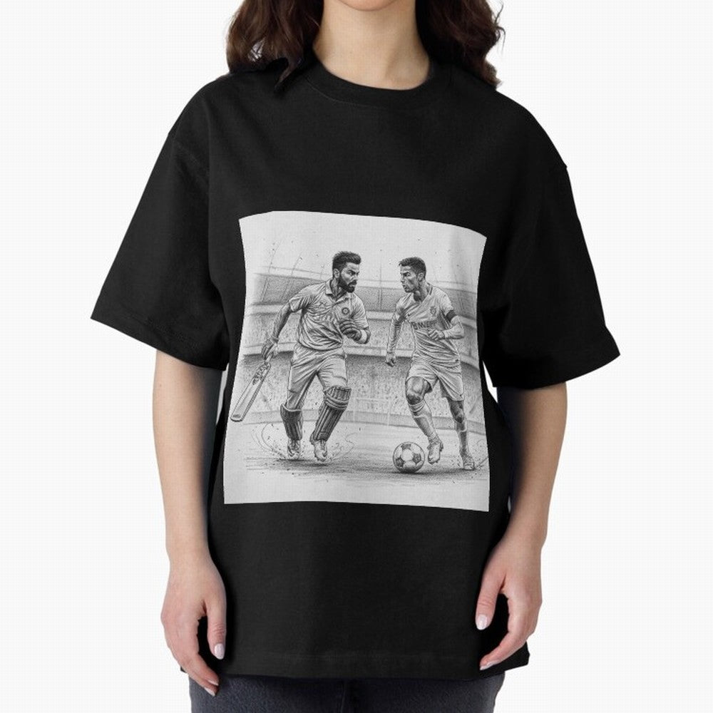 Virat and Ronaldo Oversized T-Shirt Build FIFA World Cup 2026 Group Stage Spirit, Highlighting Argentina, Neymar, Haaland and Cristiano Ronaldo, Sports Nostalgia, International Competition, Famous Players and Unforgettable Victories; Perfect for