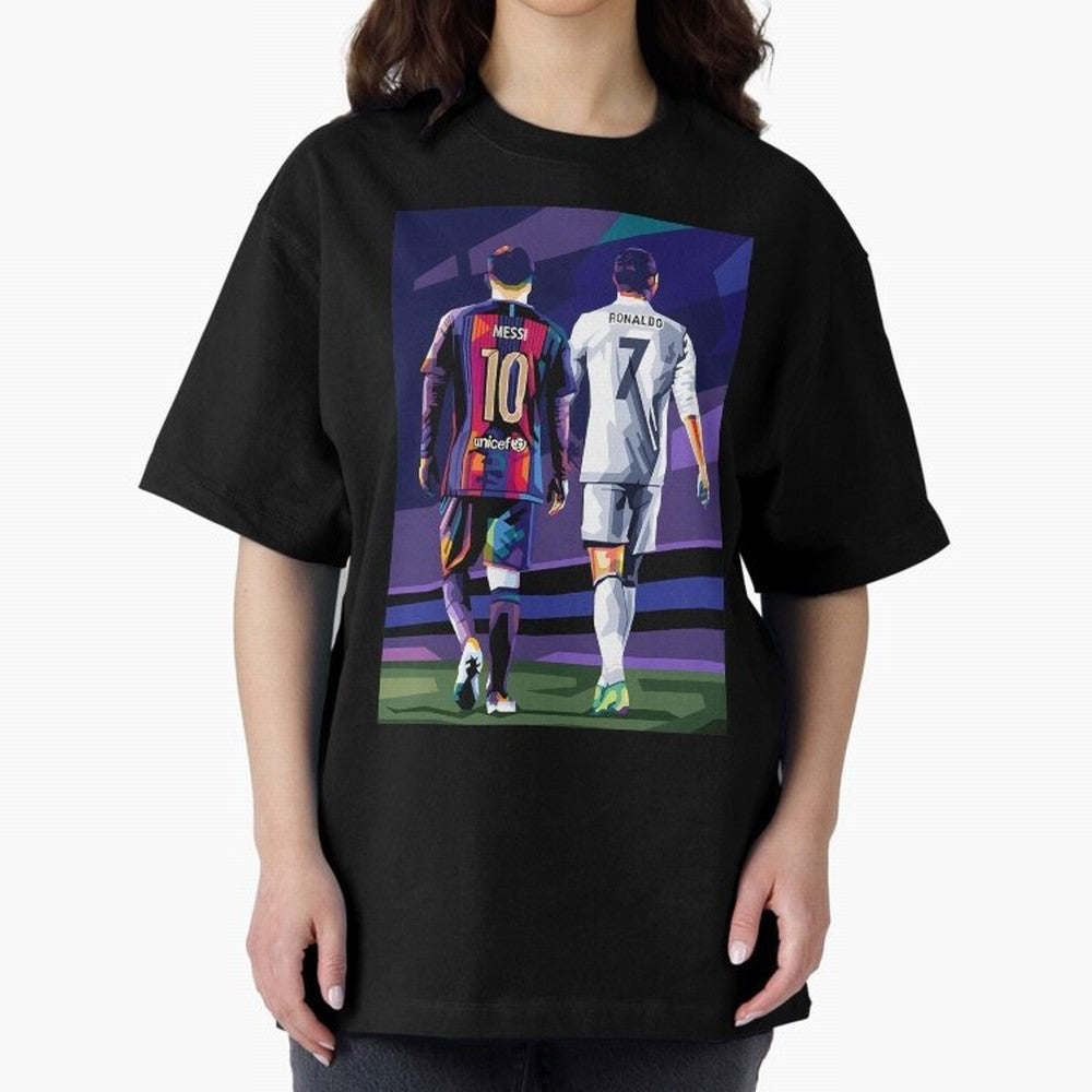 Ronaldo And Messi Oversized T-Shirt Celebrate Unforgettable Nights in Global Football Passion for FIFA World Cup 2026 Group Stage, Filled with CR7, Spain, Stadium Chants, National Pride, Trophy Dreams and Unforgettable Football Memories; Built for