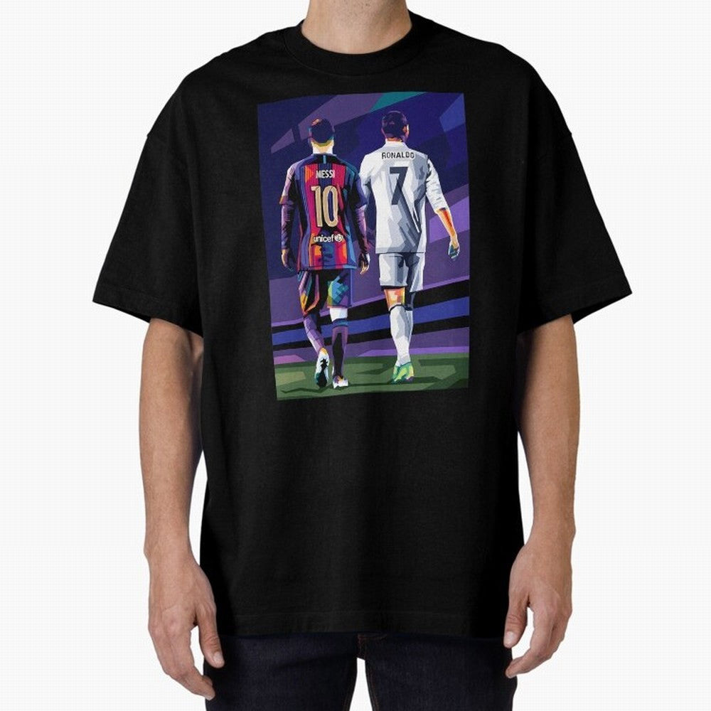 Ronaldo And Messi Oversized T-Shirt Celebrate Unforgettable Nights in Global Football Passion for FIFA World Cup 2026 Group Stage, Filled with CR7, Spain, Stadium Chants, National Pride, Trophy Dreams and Unforgettable Football Memories; Built for