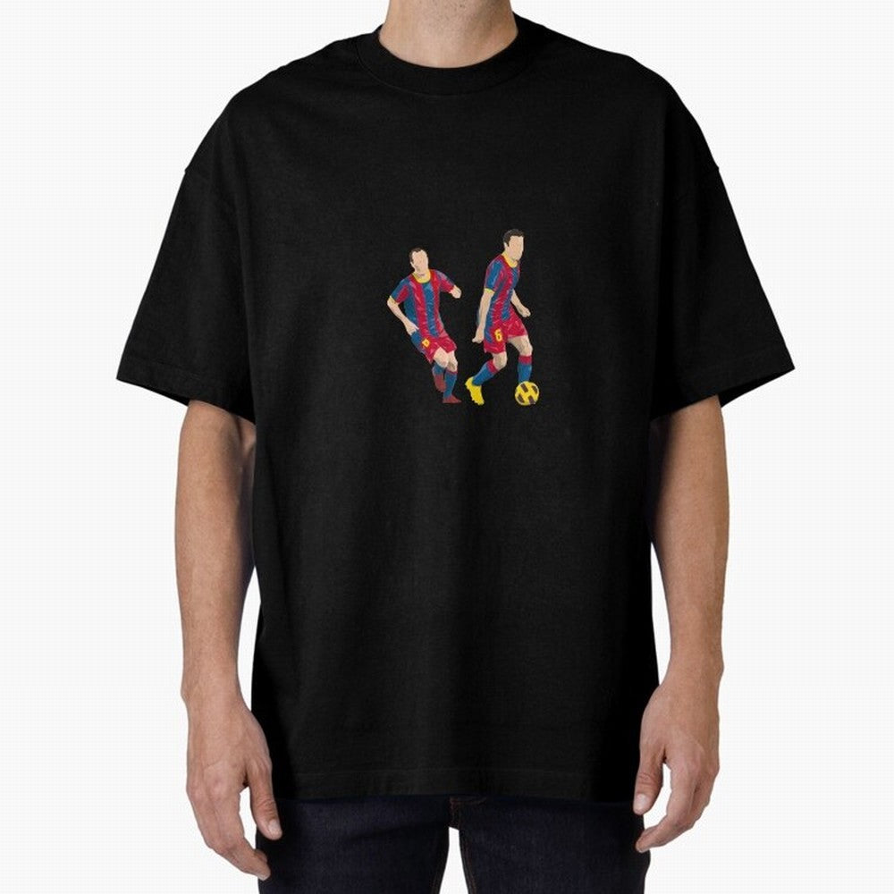 Andres Iniesta and Xavi Minimalist Oversized T-Shirt Celebrate the Magic of Global Football Passion for FIFA World Cup 2026, Celebrating Cristiano Ronaldo, Spain, Supporter Pride, Iconic Celebrations, Legendary Names and Global Match Day Energy;