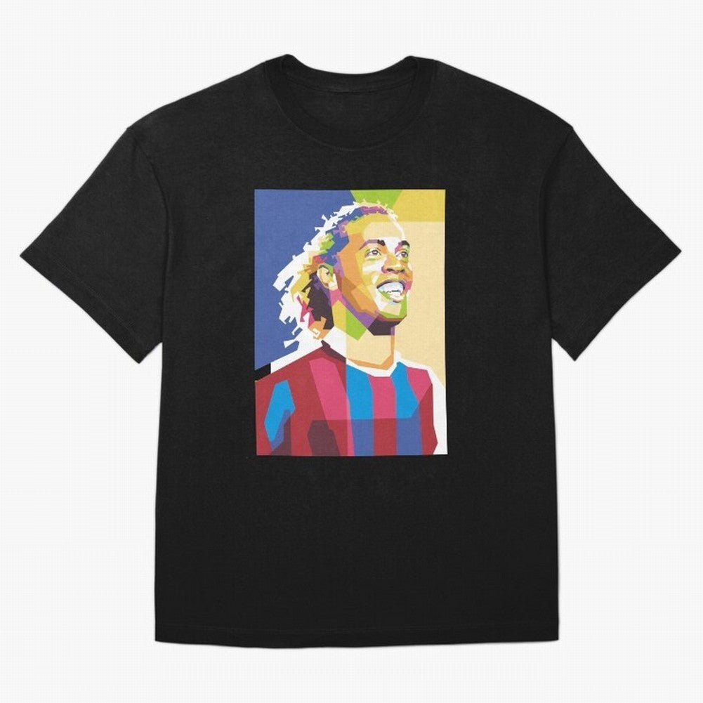 Ronaldinho in Pop Art Portrait Style Oversized T-Shirt Show Up for the Glory of Global Football Passion for FIFA World Cup 2026 Group Stage, Built around CR7, Portugal, Retro Football Energy, Iconic Rivalries, Trophy Chase Drama and Stadium