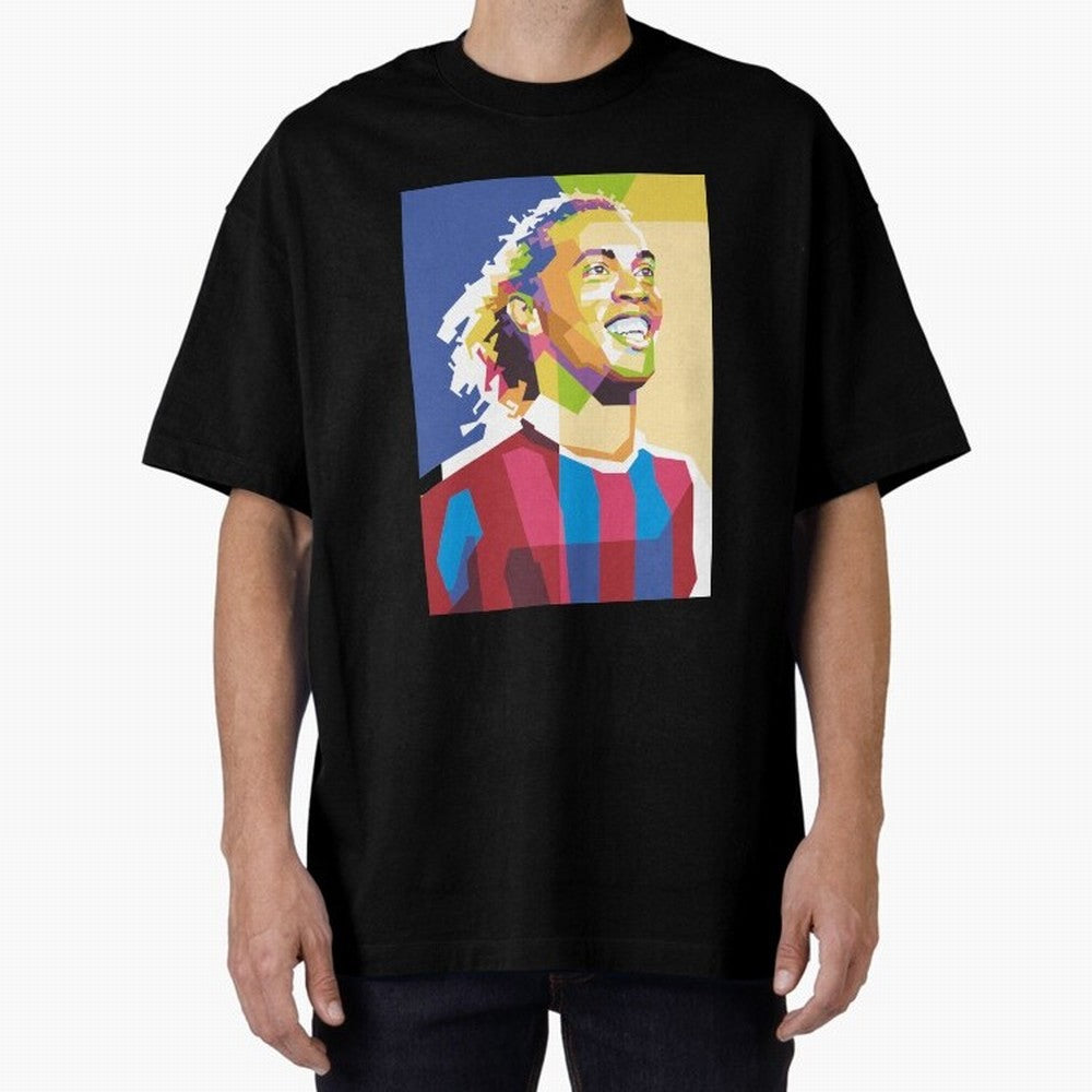 Ronaldinho in Pop Art Portrait Style Oversized T-Shirt Show Up for the Glory of Global Football Passion for FIFA World Cup 2026 Group Stage, Built around CR7, Portugal, Retro Football Energy, Iconic Rivalries, Trophy Chase Drama and Stadium