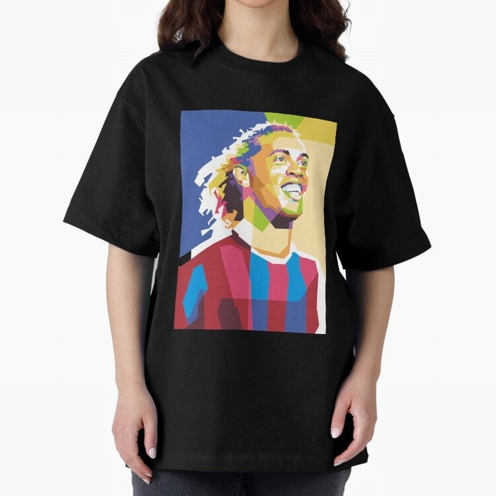Ronaldinho in Pop Art Portrait Style Oversized T-Shirt Show Up for the Glory of Global Football Passion for FIFA World Cup 2026 Group Stage, Built around CR7, Portugal, Retro Football Energy, Iconic Rivalries, Trophy Chase Drama and Stadium