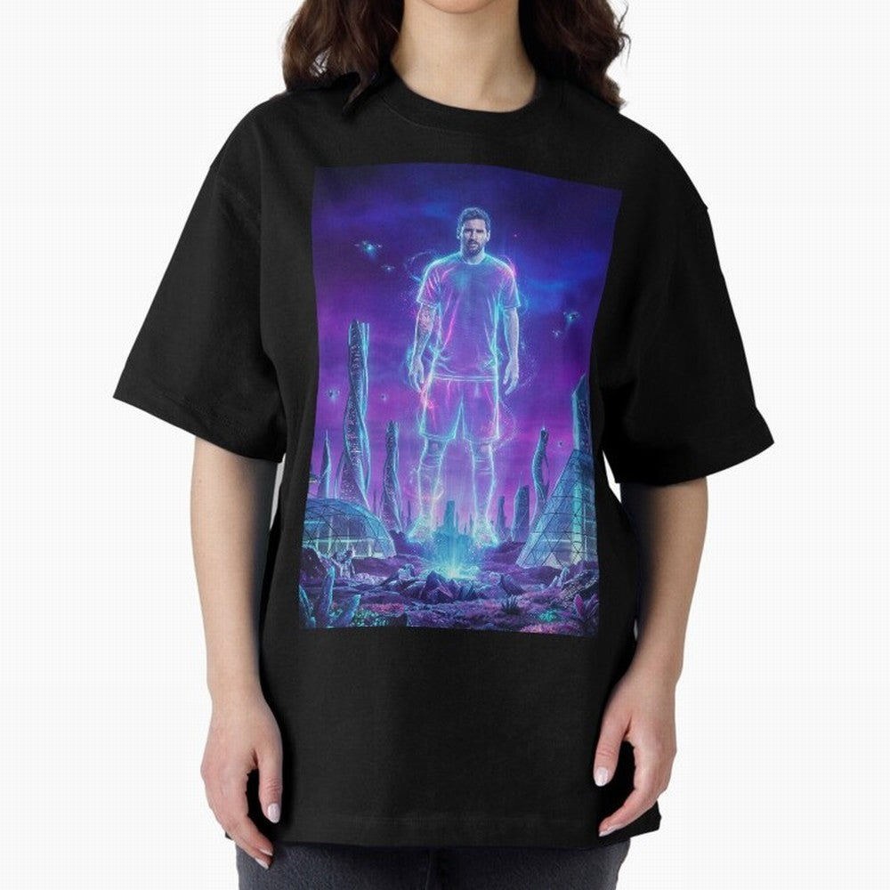 Lionel Messi (GOAT) Hologram in Futuristic Cyberpunk City (Version 5) Classic T-Shirt Show Support during Global Football Passion for FIFA World Cup 2026 Group Stage, Driven by Messi, Neymar and Mbappe, Spain, Global Supporter Spirit, Legendary