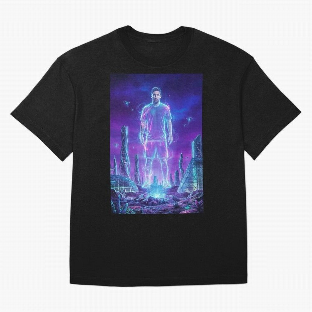 Lionel Messi (GOAT) Hologram in Futuristic Cyberpunk City (Version 5) Classic T-Shirt Show Support during Global Football Passion for FIFA World Cup 2026 Group Stage, Driven by Messi, Neymar and Mbappe, Spain, Global Supporter Spirit, Legendary