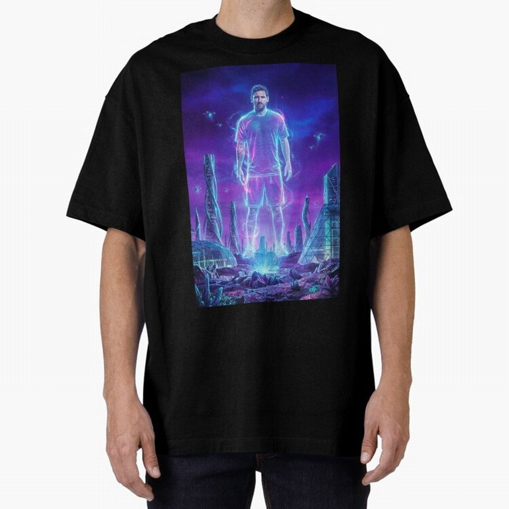 Lionel Messi (GOAT) Hologram in Futuristic Cyberpunk City (Version 5) Classic T-Shirt Show Support during Global Football Passion for FIFA World Cup 2026 Group Stage, Driven by Messi, Neymar and Mbappe, Spain, Global Supporter Spirit, Legendary