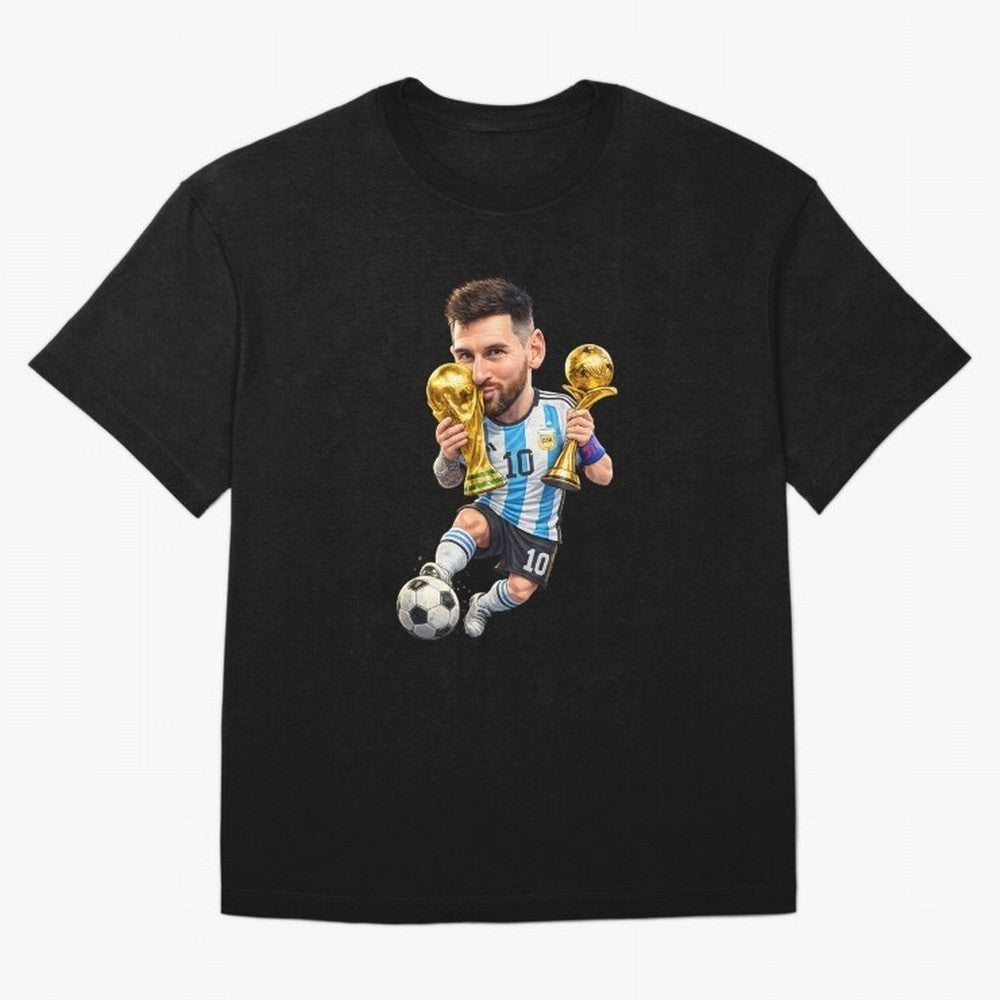Lionel Messi ¨C Trophy King Caricature Oversized T-Shirt Showcase FIFA World Cup 2026 Group Stage for Fans of CR7 and Messi and France, Bringing Match Day Excitement, Supporter Culture, Golden Goals and Global Football Passion; Ideal for Passionate