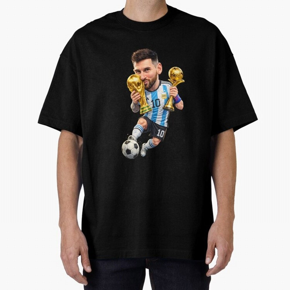 Lionel Messi ¨C Trophy King Caricature Oversized T-Shirt Showcase FIFA World Cup 2026 Group Stage for Fans of CR7 and Messi and France, Bringing Match Day Excitement, Supporter Culture, Golden Goals and Global Football Passion; Ideal for Passionate