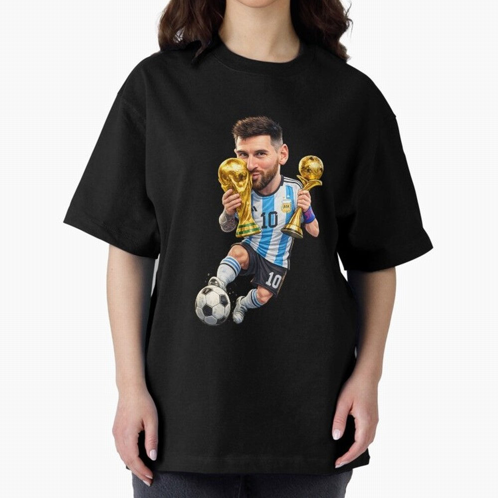 Lionel Messi ¨C Trophy King Caricature Oversized T-Shirt Showcase FIFA World Cup 2026 Group Stage for Fans of CR7 and Messi and France, Bringing Match Day Excitement, Supporter Culture, Golden Goals and Global Football Passion; Ideal for Passionate
