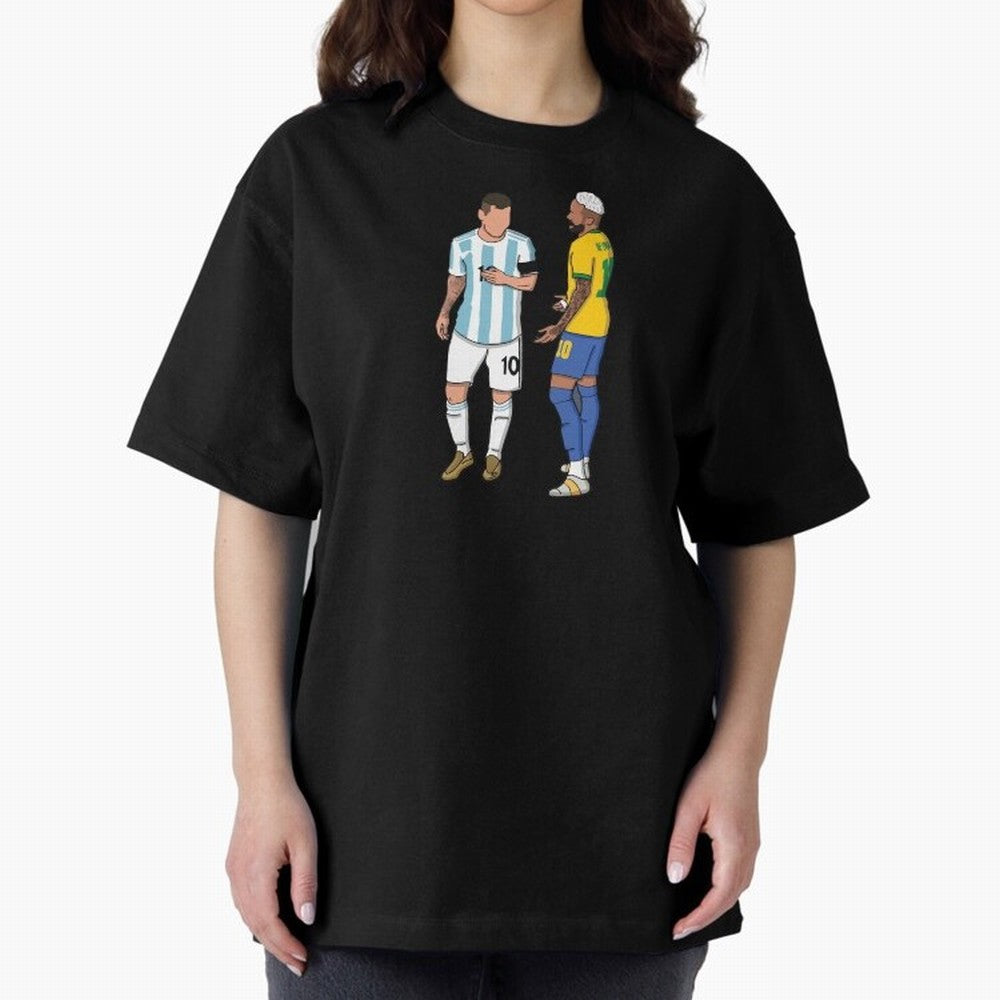 Messi and Neymar Chit Chat Illustration Oversized T-Shirt Join Supporters Worldwide for FIFA World Cup 2026 Spirit, Driven by Brazil, Portugal and Argentina, CR7 and Messi, Game Day Rituals, Football Legends, Country Pride and the Road to the