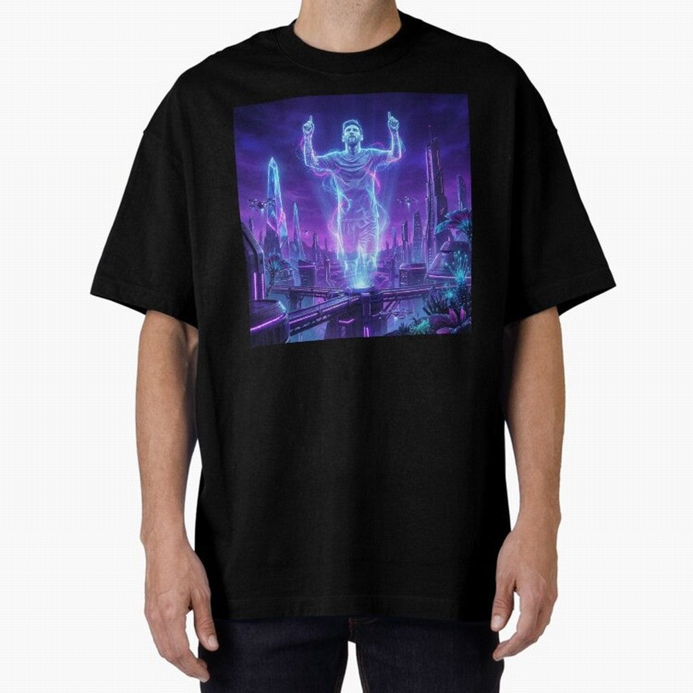 Lionel Messi (GOAT) Hologram in Futuristic Cyberpunk City (Version 2) Classic T-Shirt Honor the Beautiful Game during FIFA World Cup 2026 Group Stage Spirit, Built around Argentina, Haaland, Supporter Pride, Iconic Celebrations, Legendary Names and