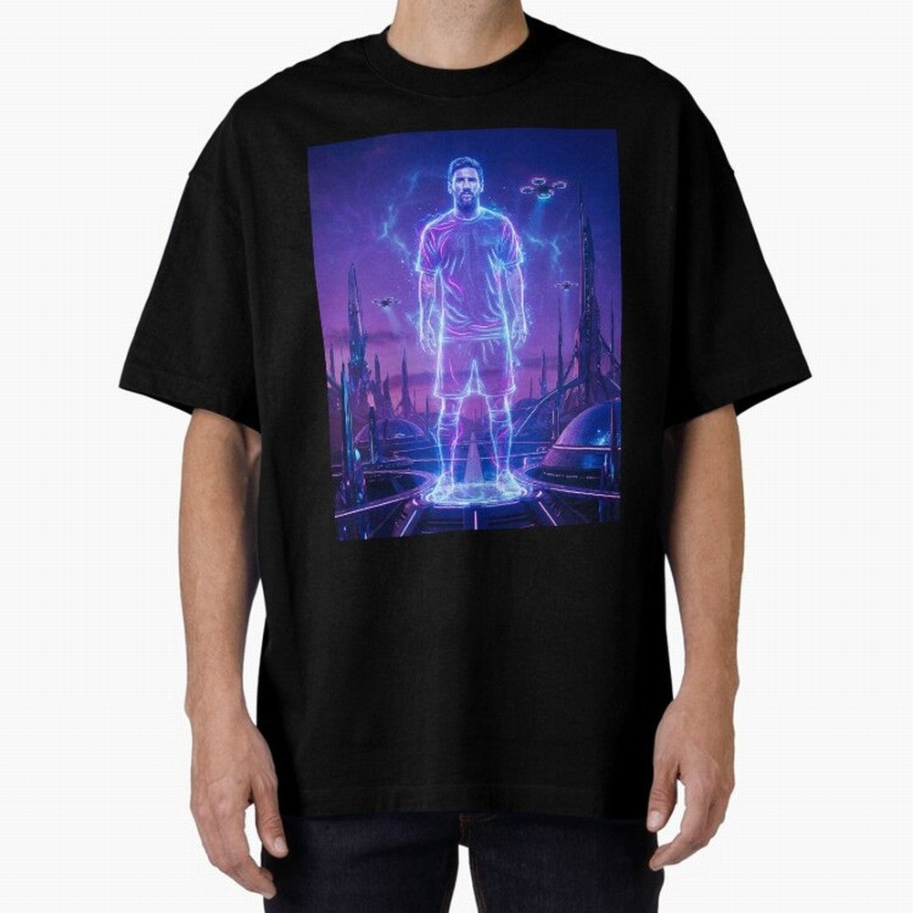 Lionel Messi (GOAT) Hologram in Futuristic Cyberpunk City (Version 4) Classic T-Shirt Capture Stadium Memories from FIFA World Cup 2026 USA Canada Mexico for Fans of Messi and England and Germany, Bringing Game Day Rituals, Football Legends,