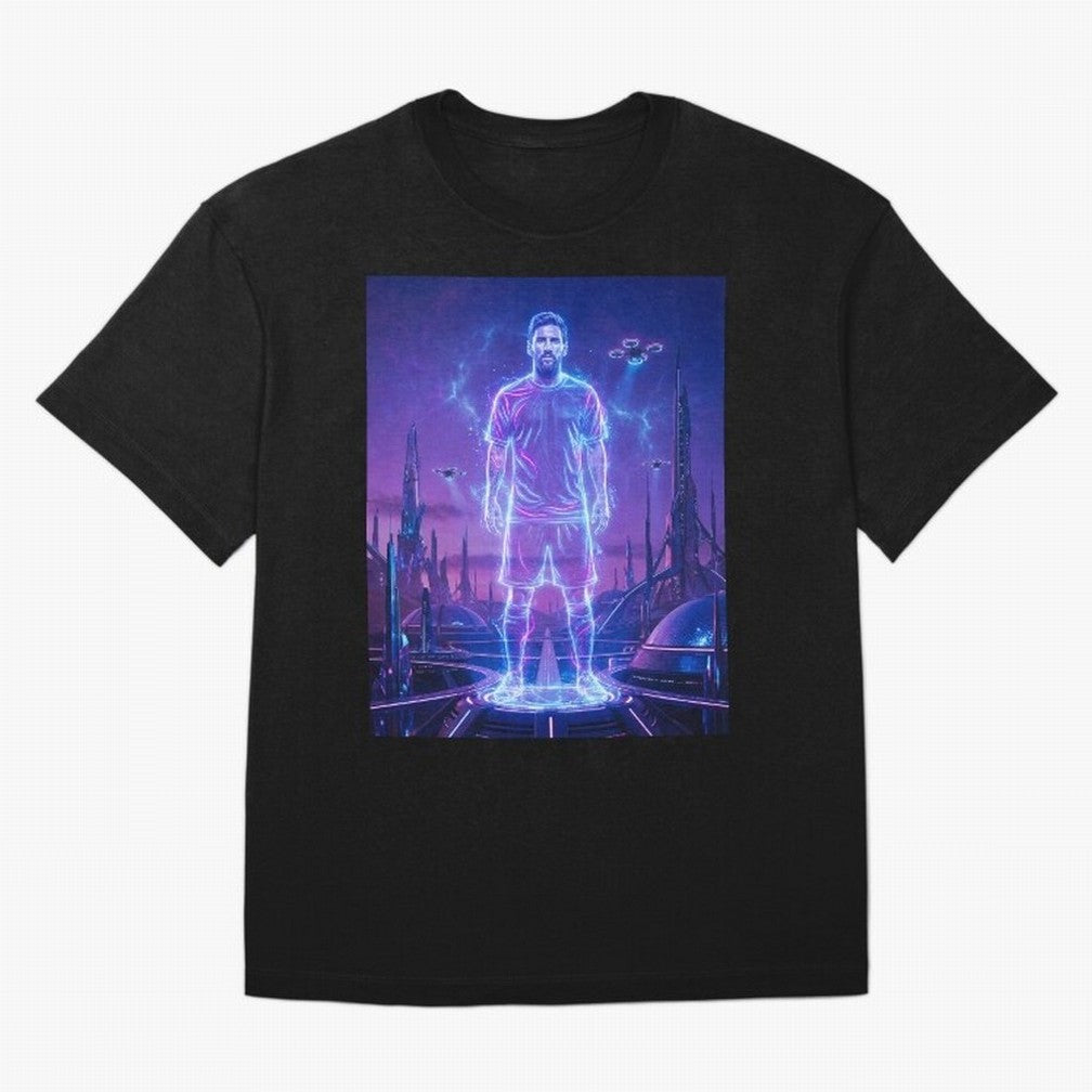 Lionel Messi (GOAT) Hologram in Futuristic Cyberpunk City (Version 4) Classic T-Shirt Capture Stadium Memories from FIFA World Cup 2026 USA Canada Mexico for Fans of Messi and England and Germany, Bringing Game Day Rituals, Football Legends,