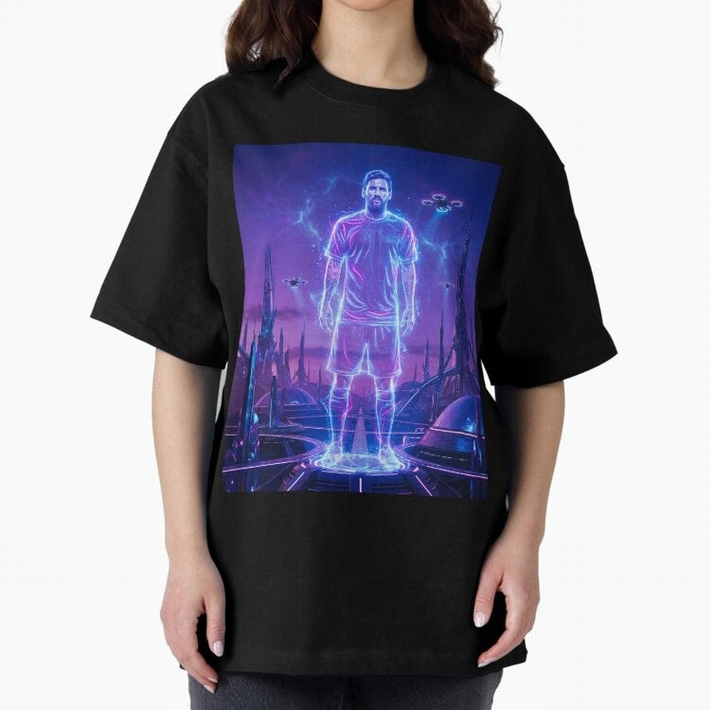 Lionel Messi (GOAT) Hologram in Futuristic Cyberpunk City (Version 4) Classic T-Shirt Capture Stadium Memories from FIFA World Cup 2026 USA Canada Mexico for Fans of Messi and England and Germany, Bringing Game Day Rituals, Football Legends,