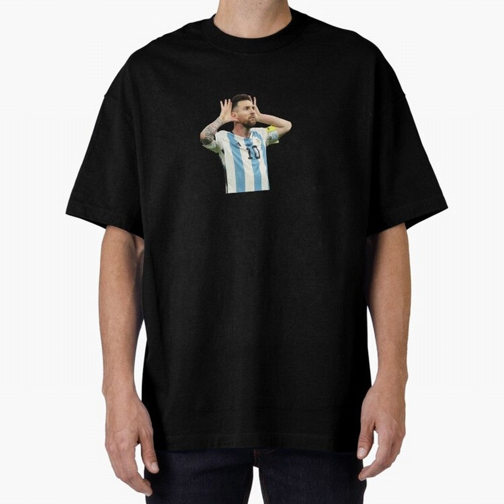 Lionel Messi Argentina Celebration Sticker Oversized T-Shirt Relive the Noise and Pride of Global Football Passion for FIFA World Cup 2026 USA Canada Mexico, Inspired by Neymar, Haaland and Cristiano Ronaldo, Argentina and Brazil, Stadium Memories,