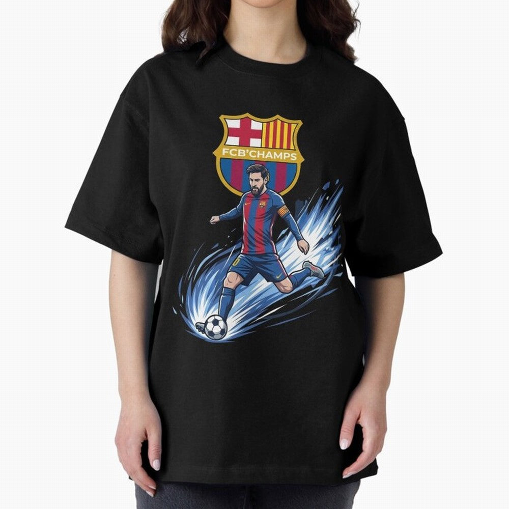 FC Barcelona Champs - The Goat Edition Oversized T-Shirt Celebrate Global Passion for FIFA World Cup 2026 Centered on Messi and Cristiano Ronaldo, Spain Energy, Worldwide Fan Energy, Dramatic Goals, Stadium Lights and Championship Celebrations;