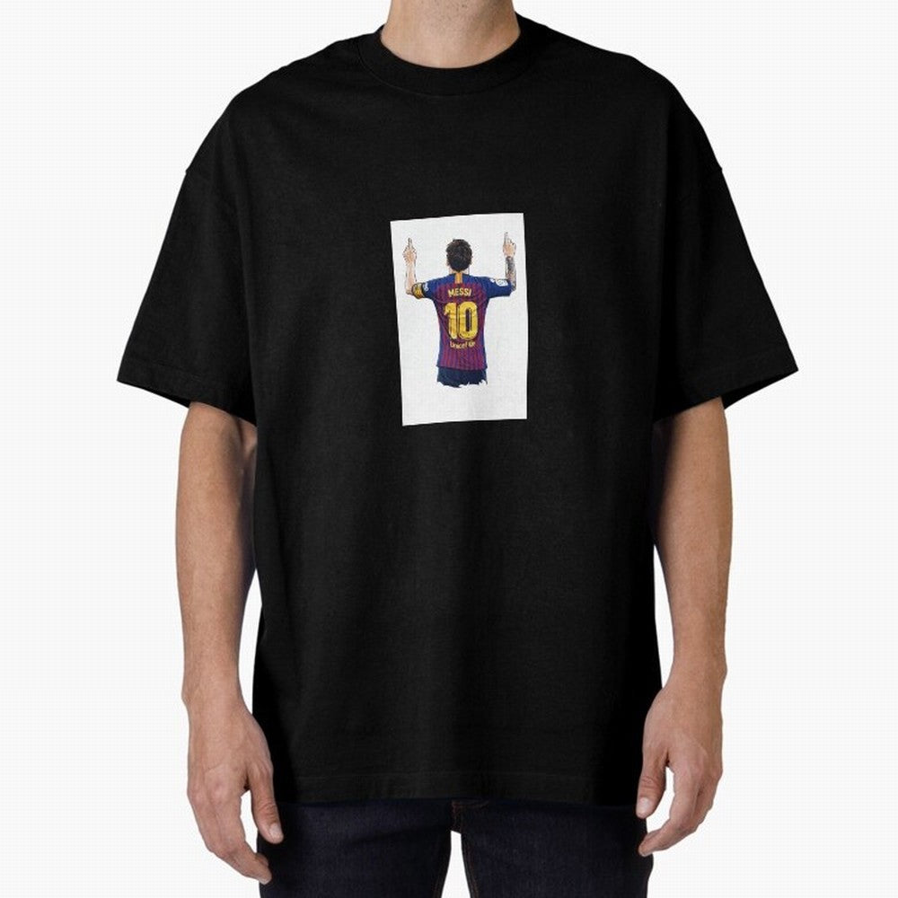 Lionel Messi Celebration Outline Barcelona FC Oversized T-Shirt Show Match Day Excitement for Match Day Hype around FIFA World Cup 2026, Messi, Neymar and Mbappe, England, France and Netherlands, Champion Mindset, Group Stage Buzz, Knockout Tension