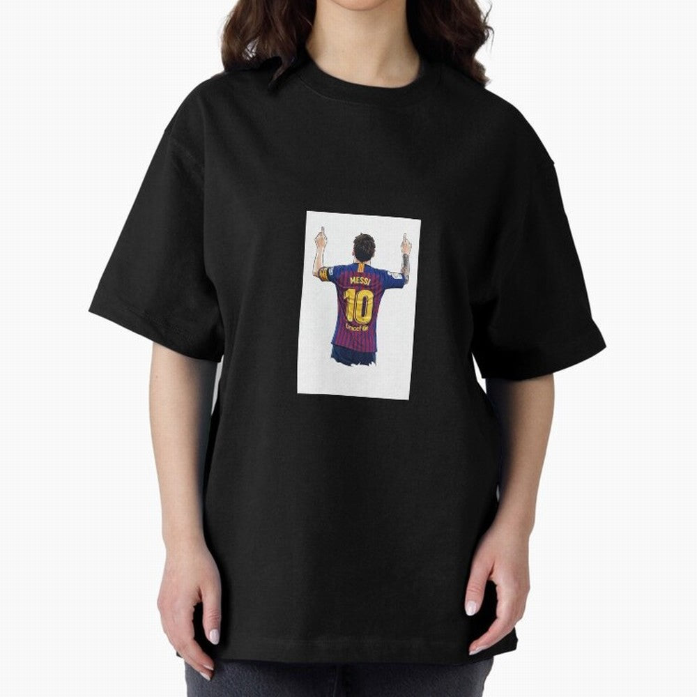 Lionel Messi Celebration Outline Barcelona FC Oversized T-Shirt Show Match Day Excitement for Match Day Hype around FIFA World Cup 2026, Messi, Neymar and Mbappe, England, France and Netherlands, Champion Mindset, Group Stage Buzz, Knockout Tension