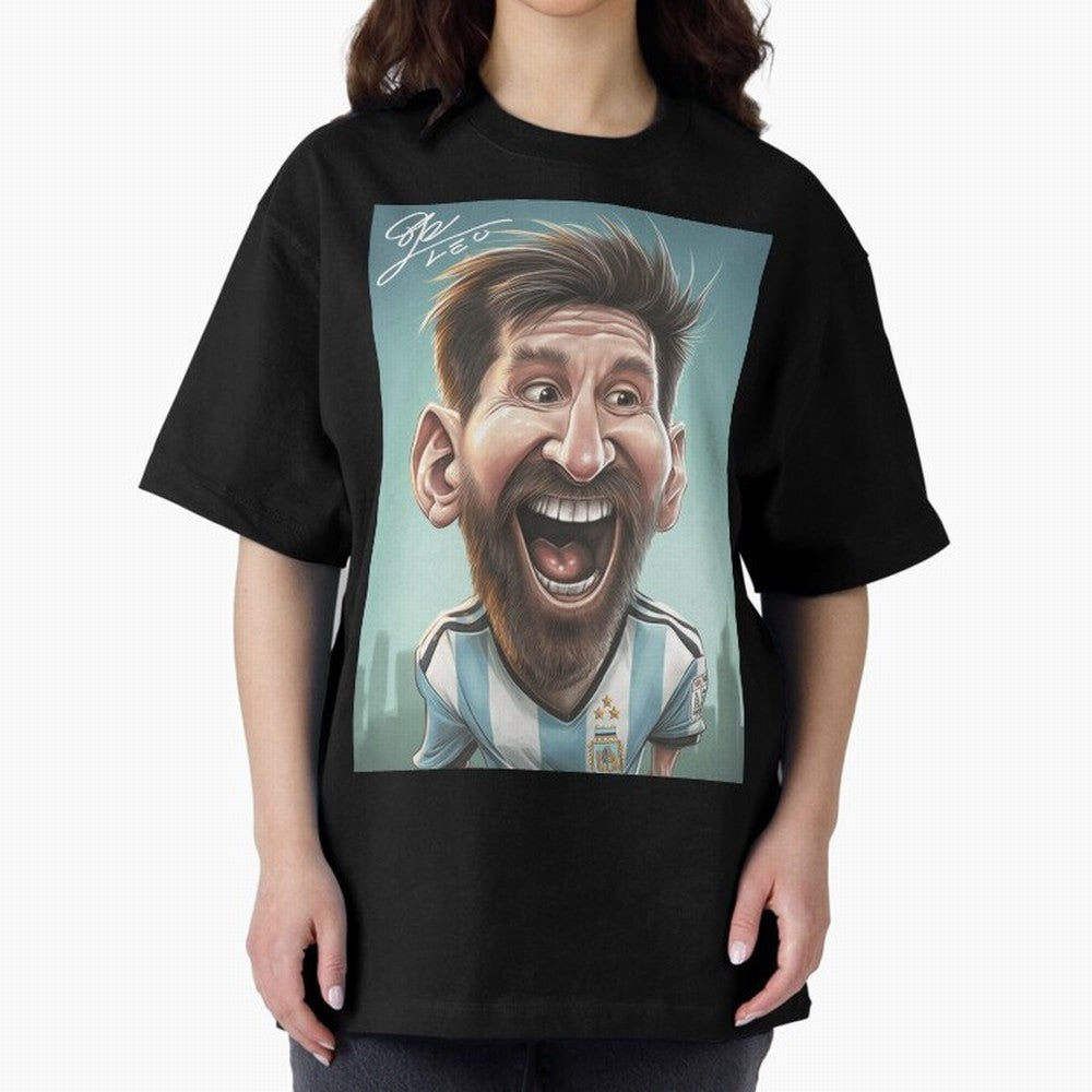 Lionel Messi Caricature Art with Autograph Oversized T-Shirt Show Your Tournament Heart for the FIFA World Cup 2026 Journey through Messi, CR7 and Mbappe Highlights, Brazil, Portugal and Argentina Pride, Worldwide Fan Energy, Dramatic Goals,