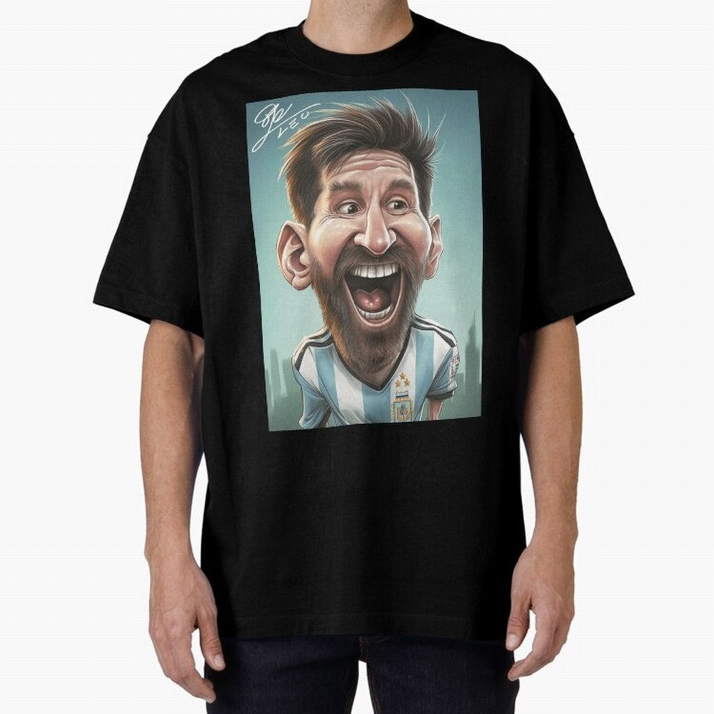 Lionel Messi Caricature Art with Autograph Oversized T-Shirt Show Your Tournament Heart for the FIFA World Cup 2026 Journey through Messi, CR7 and Mbappe Highlights, Brazil, Portugal and Argentina Pride, Worldwide Fan Energy, Dramatic Goals,