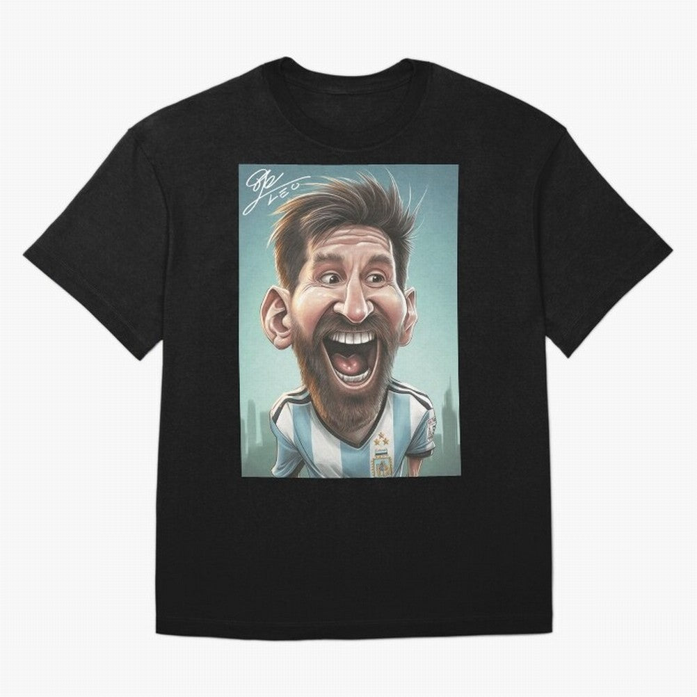Lionel Messi Caricature Art with Autograph Oversized T-Shirt Show Your Tournament Heart for the FIFA World Cup 2026 Journey through Messi, CR7 and Mbappe Highlights, Brazil, Portugal and Argentina Pride, Worldwide Fan Energy, Dramatic Goals,